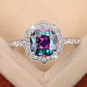 NEW 925 Sterling Silver Mystic Topaz Diamond Halo Cushion Cut Ring